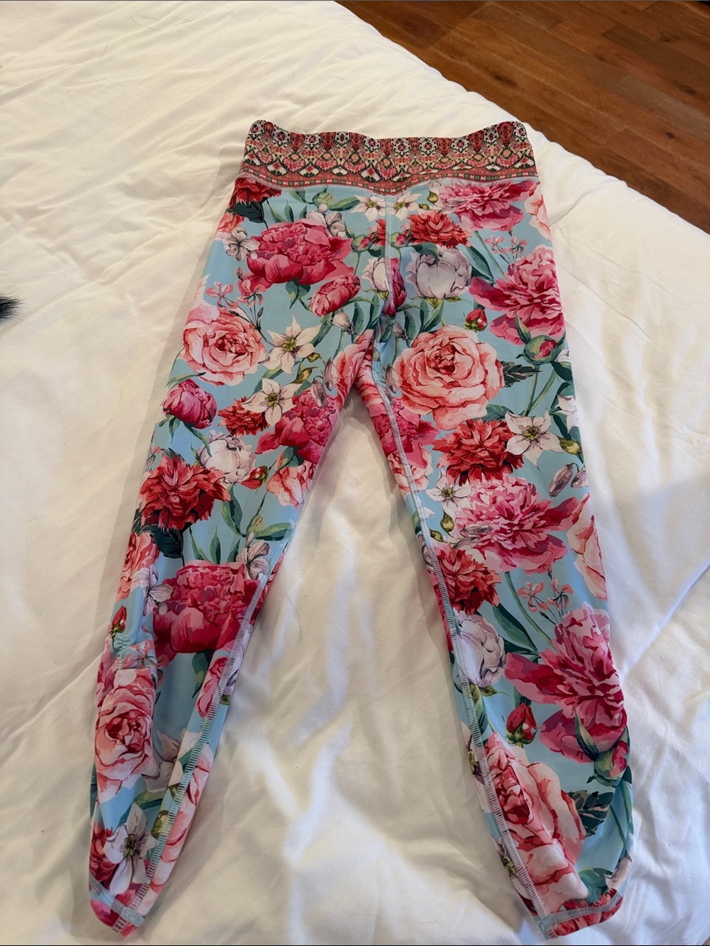 Johnny Was Blue Leggings with Pink Floral Print and Decorative Waist